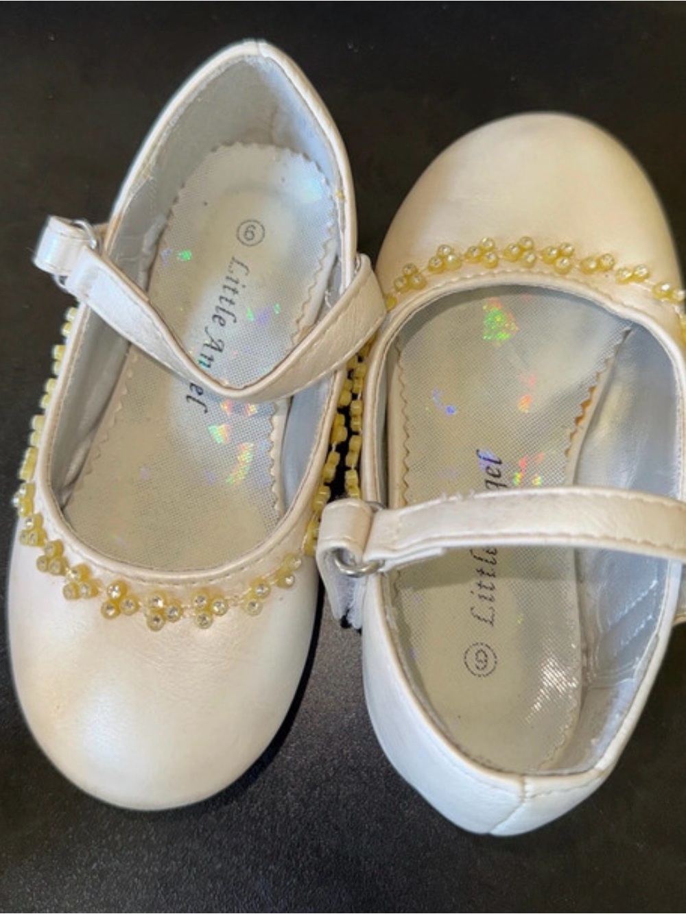 Girls' Ivory Mary Jane Dress Shoes with Yellow Bead Trim